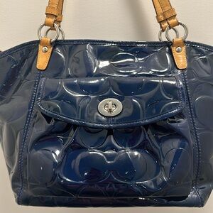Coach Navy Blue Embossed Patent Leather Tote Bag #F14663